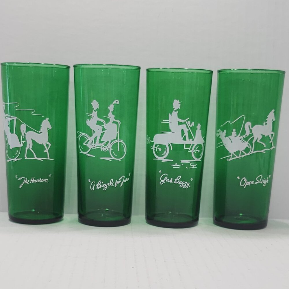 1950s Anchor Hocking "The Gay 90s" Forest Green Tall Iced Tea Glasses Tom Collin